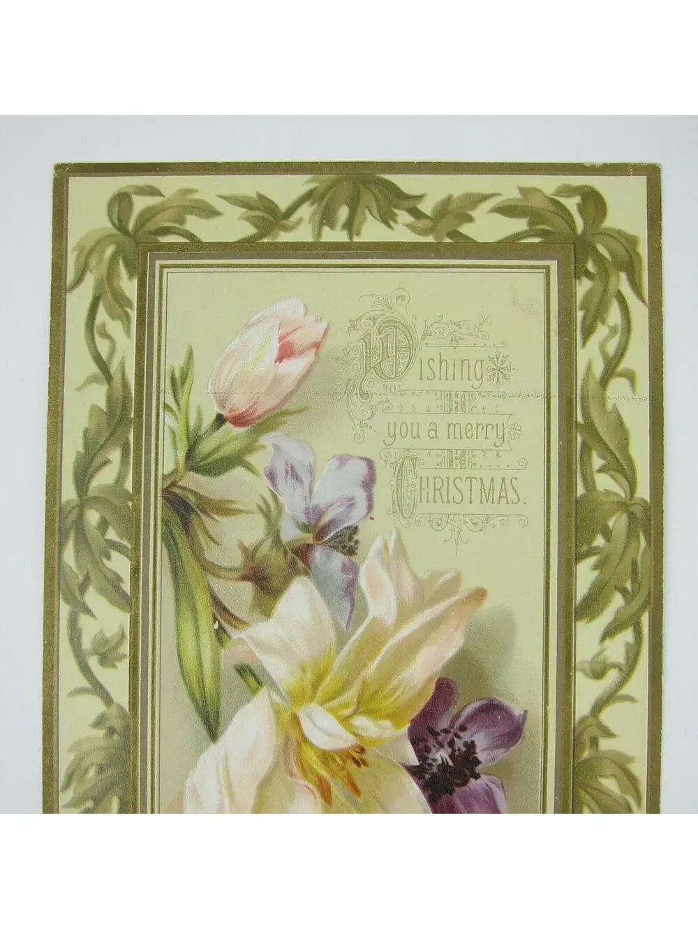 Victorian Christmas Card Flowers Pink Purple Yellow Back Cherubs Birds Antique